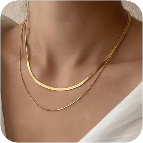 Amazon.com: Tewiky 14k Gold Plated Herringbone Layered Necklace Set - Dainty Chain Choker for Women and Women: Clothing, Shoes & Jewelry Herringbone Jewelry, Gold Herringbone Necklace, Gold Chain Women, Chain Necklace Women, Chain Watch, Gold Snake Chain, Dainty Necklaces, Hoco Dress, Monthly Baby