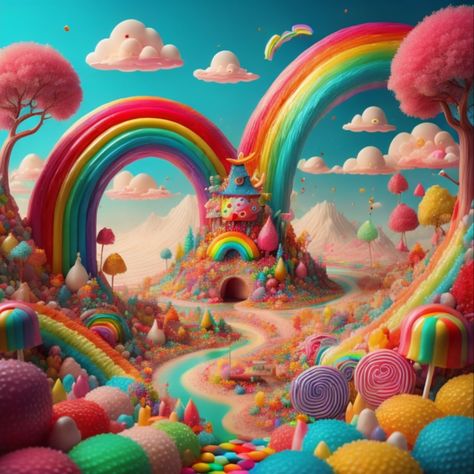 Rainbow core Candyland Aesthetic, Candyland Games, Rainbow Colors Art, Candy Mountain, Candy Images, Magical Girl Aesthetic, Bee Pictures, Pastel Home Decor, Jelly Wallpaper