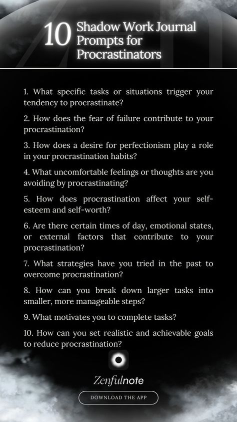 These prompts can help you explore the underlying causes of your procrastination, understand its impact on your life, and develop strategies for becoming more proactive and productive. Shadow Work Journal Prompts, Work Journal Prompts, Shadow Work Spiritual, Shadow Work Journal, God's Healing, Work Journal, Health Tools, Inner Self, Manifest Your Dreams