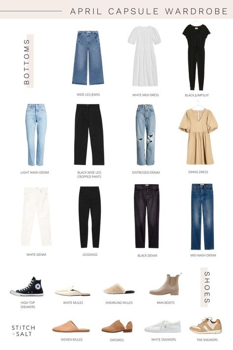 a graphic with bottoms and shoes from my April Capsule Wardrobe Spring Capsule Wardrobe Casual, Travel Capsule Wardrobe Spring, 2022 Capsule Wardrobe, Neutral Spring Outfit, Casual Mom Style, Capsule Wardrobe Checklist, Capsule Wardrobe Casual, Capsule Wardrobe Basics, Capsule Wardrobe Work