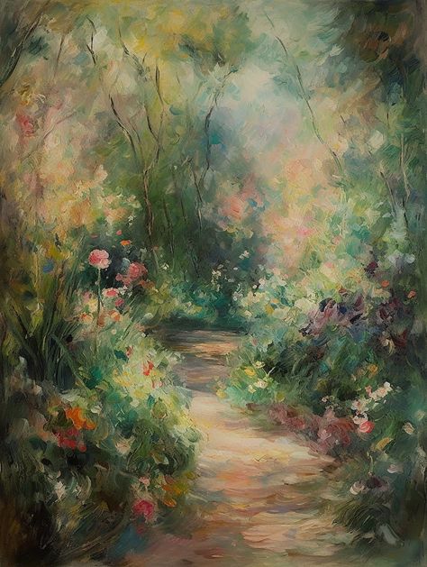 "\"A summer morning walk\" Bring the beauty of the French countryside into your home with this painting of a mysterious garden path in summer. This is a lovely Impressionist piece that would fit with both traditional and modern interiors.  DIGITAL FILE: Please note this is a digital painting and no physical product will be shipped. Once you have purchased your artwork, you will receive a confirmation email from Etsy with a download link. You can also access your downloads at any time under Purch Impressionist Digital Art, Vintage Painting Ideas, French Countryside Aesthetic, Flower Garden Painting, Impressionist Paintings Landscape, Cool Digital Art, Gardening Painting, Mysterious Art, Path Art