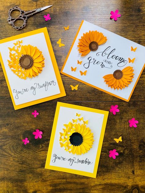 Paper Sunflowers, Sunflower Cards, Easy Paper Flowers, Paper Flower Crafts, Paper Butterflies, Card Files, Diy Birthday, Spring Crafts, How To Make Paper