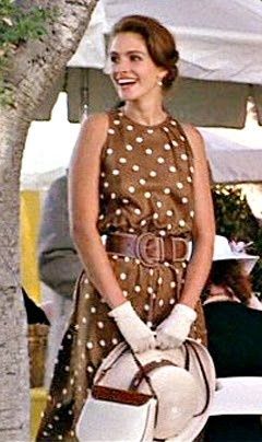 Pretty Woman's horse race attire Womens Polka Dot Dress, Brown Polka Dot Dress, Robes D'occasion, Polo Match, Brown Polka Dots, Julia Roberts, Brown Dress, Polka Dot Dress, Dot Dress