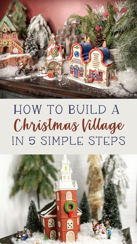 How To Display Christmas Village Ideas, Dept 56 Dickens Village Display Ideas, Small Christmas Village Display Ideas, Small Christmas Village Display Ideas Diy, Small Christmas Village Display, Small Christmas Village, Diy Christmas Village Platform, Christmas Village Display Ideas Diy, Christmas Village Display Ideas