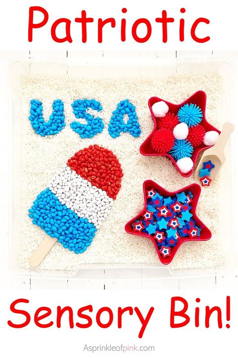 July Sensory Bin, Baby Sensory Classes, American Flag Crafts, Diy Sensory Board, After School Care, Toddler Class, Flag Crafts, Baby Art Projects, Summer Preschool