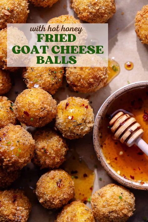 Fried Goat Cheese Balls - Short Stack Kitchen Fried Goat Cheese With Hot Honey, Goat Cheese Balls Air Fryer, Goats Cheese Balls, Goat Cheese Balls Recipes, Fried Goat Cheese Balls Air Fryer, Air Fryer Goat Cheese Balls, Stacked Appetizers, Sur Goat Cheese Balls Recipe, Soul Food Appetizers