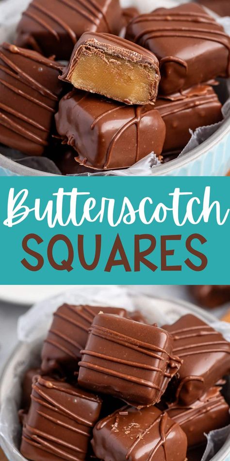 Butterscotch Squares are a soft brown sugar candy dipped in chocolate. It's a cross between butterscotch and penuche - such a delicious See's copycat recipe. Sees Candy Butterscotch Squares, Sees Butterscotch Squares Recipe, How To Make Butterscotch Chips, Homemade Butterscotch Candy, See's Copycat Candy Recipes, Holiday Candies Recipes, Homemade Butterscotch Chips, Scotch Kisses Recipe, Milk Chocolate Candy Recipes