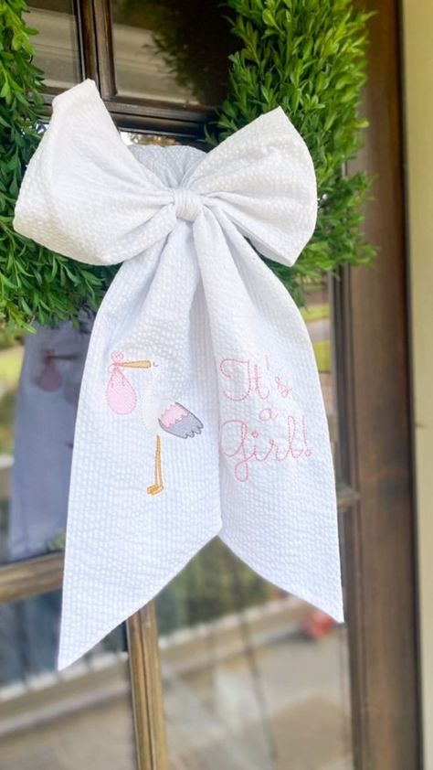 How To Sew A Wreath Sash, Sew A Wreath Sash, Wreath Sash Ideas, White Cotton Bow For Door Embroidered, Wreath Sashes, Baby Monogram Ideas, Wreath With Sash, Gender Reveal Wreath, Wreath Sash Monogram