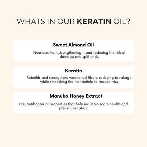 What’s in our best selling Keratin Oil? Sweet Almond Oil, Keratin, and Manuka Honey! How to use our Keratin Hair Oil for the ultimate shine and protection: 1️⃣ Apply to damp or dry hair 2️⃣ Focus on the ends for extra shine 3️⃣ Style as usual and enjoy frizz-free hair all day long! #keratin #jojorganic Keratin Oil, Frizz Free Hair, Keratin Hair, Scalp Health, Manuka Honey, Frizz Free, Nourishing Hair, Split Ends, Sweet Almond Oil