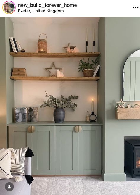 Built In Cupboards Living Room, Alcove Storage Living Room, Cupboard Living Room, Alcove Ideas Living Room, Living Room Cupboards, Alcove Shelves, Sage Green Living Room, Log Burner Living Room, Cupboard Ideas