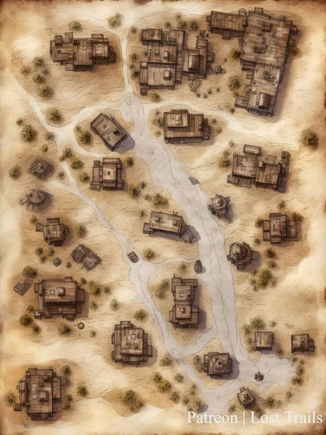 Desert City Battlemap, Western Dungeons And Dragons, Wild West Town, Wild West Games, West Map, Desert Map, Old Western Towns, Fantasy City Map, Village Map