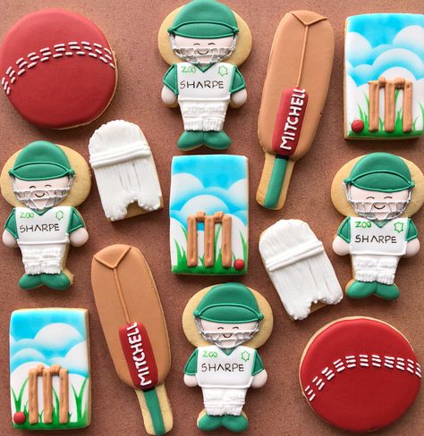 Cricket cookies Cricket Theme Decoration Party Ideas, Cricket Cookies, Cake Designs Cricket Theme, Cricket Theme Cake Birthdays, Cricket Party, Cricket Ball, Crickets Meme, Cricket Balls, Sugar Cookies Decorated