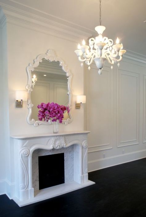 Beautiful Moulding - Wall Trim Ideas For My Living Room and Entryway - Addicted 2 Decorating® Modern Victorian Design, Trim Molding Ideas, Wall Trim Molding, Wall Sconces Living Room, Sconces Living Room, The Mantle, Mini Stuff, Romantic Room, White Fireplace