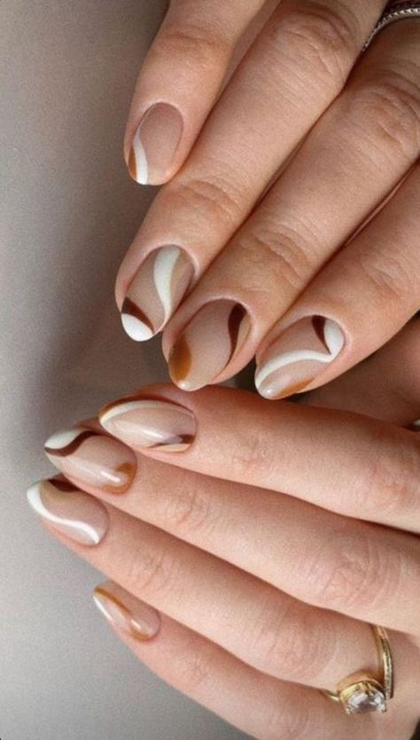 Earth Tones Nail Art, Shalak Nail Ideas, Fall Swirl Nails, Nail Art Abstract, Fall Gel Nails, Classy Acrylic Nails, Thanksgiving Nails, Nagel Inspo, Short Acrylic Nails Designs