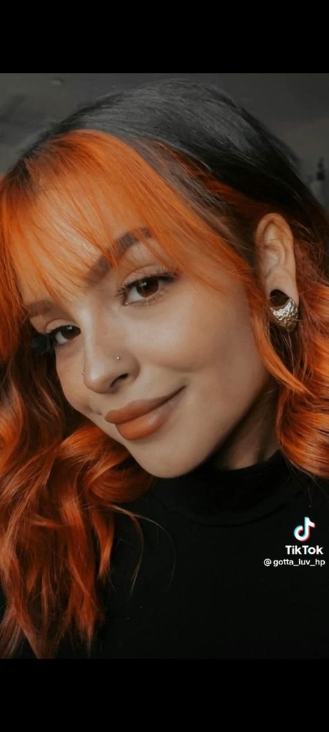 Orange Hair Dye Ideas, Orange Balayage Hair, Orange Peekaboo Hair, Ginger Peekaboo Hair, Brown And Orange Hair, Orange And Brown Hair, Color Block Hair, Split Dyed Hair, Peekaboo Hair