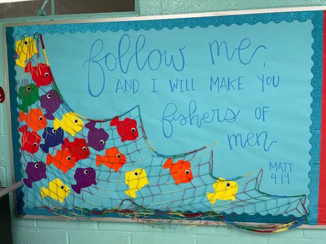 Fishing Bible Lesson, Fishers Of Men Bulletin Board Ideas, Follow Me And I Will Make You Fishers, Fishers Of Men Bulletin Board, I Will Make You Fishers Of Men, Fishers Of Men Vbs Decorations, Summer Sunday School Bulletin Board, Fishers Of Men Decorations, Fishers Of Men Vbs