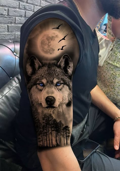 Wolf Tattoo Forearm, Half Sleeve Tattoos For Men, Howling Wolf Tattoo, Lone Wolf Tattoo, Wolf Tattoos For Women, Wolf Sleeve, Cosmos Tattoo, Sleeve Tattoos For Men, Wolf Tattoos Men