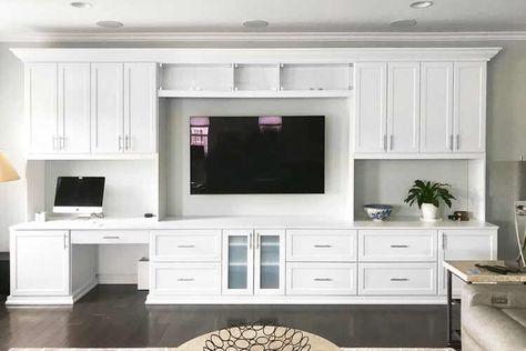 TV Stands and Entertainment Center Design Tips Desk Wall Unit, Wall Entertainment Center, Craft Storage Cabinets, Built In Entertainment Center, Built In Shelves Living Room, Storage Center, Living Room Wall Units, Living Room Built Ins, Living Room Entertainment Center