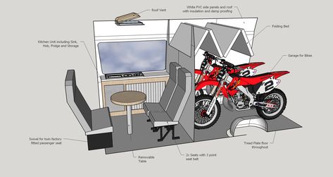 Motorcycle Van Conversion, Race Van Conversion, Moto Van Ideas, Motocross Van Ideas, Moto Van, Dirt Bike Van, Dodge Promaster Van Conversion Layout, Enclosed Trailer Camper, Sprinter Van Dirtbike