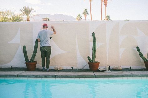 Cody Hudson on Instagram: “painting the @eberhaus_properties pool in Palm Springs from a few summers ago. 🌴☮️🌵📸 @jaredeberhardt  #shapesandcolorsdept #codyhudson” Pool Mural, Cody Hudson, Exterior Murals, Glass Cabin, Interior Murals, Palm Spring, Colorful Murals, Custom Murals, Wall Paint Designs