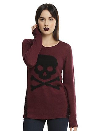 Burgundy & Black Skull Destructed Girls Pullover Sweater, PURPLE, hi-res Burgundy Knit Sweater, Hot Topic Clothes, Goth Outfit Ideas, Strega Fashion, Dark Mori, Hot Sweater, Girls Sweater, Dream Outfits, Skull Clothing