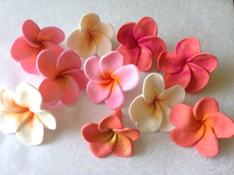 12 Fondant Flower Hawaiian Plumeria Fondant by SugarGardenCupcakes Fiori Frangipani, Hawaiian Plumeria, Buckwheat Cake, Plumeria Flowers, Magic Cake, Gum Paste Flowers, Fondant Flowers, Flower Cupcakes, Fondant Cupcakes