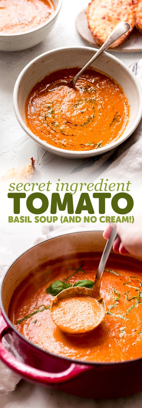 Secret Ingredient Tomato Basil Soup Recipe | Little Spice Jar Tomato Basil Soup Recipe, Creamy Tomato Basil Soup, Basil Soup, Tomato Basil Soup, Soup Recipes Slow Cooker, Soup And Stew, Easy Soup Recipes, Tomato Basil, Healthy Soup Recipes