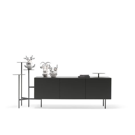 Beautiful, contemporary lacquered sideboard IKEBANA CREDENZA with shelves was designed by Uto Balmoral for Mogg and was handmade in Italy. Perfect for dining rooms and living rooms, this storage cabinet features an MDF and metal frame, 3 internal glass shelves, and rests on slim metal legs. This piece also includes 3 external metal display shelves with diameters of 32, 25 and 28 cm to display houseplants or to showcase books, picture frames and other home decor. Choose between a burnished painte Credenza Storage, Tv Credenza, Tall Storage Unit, Sideboard Modern, Lacquered Sideboard, Credenza Design, Contemporary Sideboard, Crystal Shelves, Buffet Design