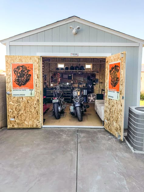 Motorcycle Storage Shed, Man Cave Shed, Man Garage, Motorcycle Storage, Workshop Shed, Motorcycle Workshop, Tuff Shed, Man Shed, Cool Garages