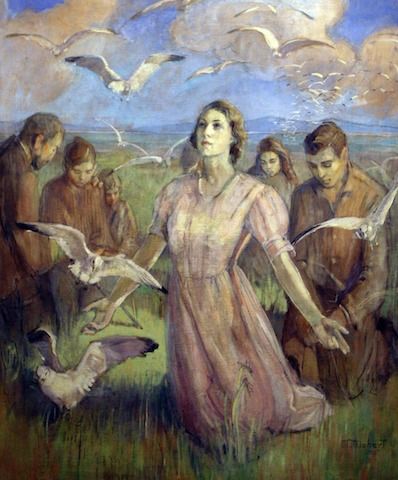 While the "Miracle of the Gulls" still fuels faith 170 years later, LDS historians like Steven Harper, the late William Hartley and Casey Griffiths, an associate professor of Church history at BYU, have sought to clarify certain aspects of the story that have been over-dramatized. Minerva Teichert, Seagull Painting, Images Of Faith, Mormon History, Lds Church History, Lds Art, Art Institute Of Chicago, Latter Day Saints, Christian Art