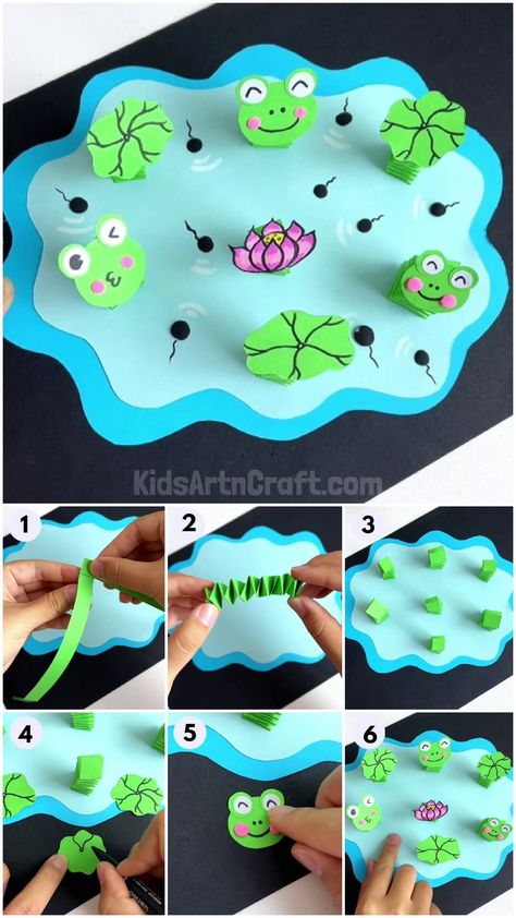 Easy Frog And Lotus Pond Paper Craft Tutorial For Beginners Check more at https://www.kidsartncraft.com/frog-lotus-pond-paper-craft-tutorial/ Pond Crafts, Paper Craft Tutorials, Lotus Pond, Animal Crafts For Kids, Library Ideas, Craft Tutorial, Construction Paper, Summer 24, Easy Paper Crafts