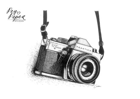 Camera pen and ink drawing on paper Camera Drawing Sketches, Rome Tattoo, Seasons Photography, Camera Drawing, Sports Tshirt Designs, Camera Aesthetic, Drawing On Paper, Illustration Ideas, Book Art Diy