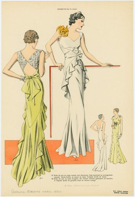 [Two women wearing formal evening gowns, front and back views.] Art Deco Wedding Dress, Vintage Fashion 1930s, 1930 Fashion, 30s Fashion, 20th Century Fashion, Vintage Dress Patterns, 1930s Fashion, Vintage Gowns, Mode Chic