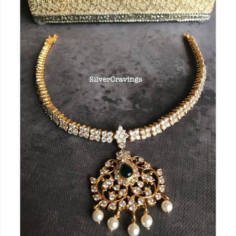 Diamond Attigai, Stone Haram Designs Gold, Attigai Necklace Gold, White Stone Necklace Indian Gold, Stone Attigai, White Stones Necklace, Necklace Reference, Kemp Jewellery, Long Haram