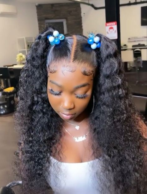 Freaknik Hair Styles, 90s Hairstyles Lace Wig, Lace Front Pigtails, 90s Frontal Hairstyles, Space Buns Half Up Half Down Wig, Freaknik Hairstyles Curly Hair, 90s Freaknik Hairstyles, Hairstyles For 14th Birthday, 13th Birthday Hairstyles