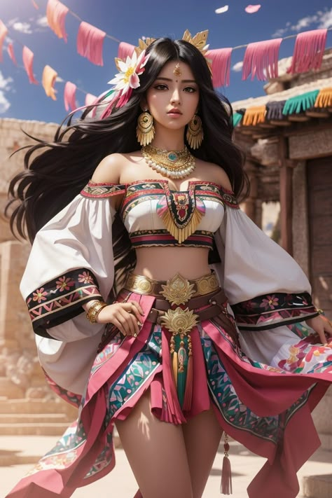 Mexican Attire Women, Aztec Clothing Traditional, Main Character Outfit Ideas, Aztec Oc, Latina Character Design, Mexican Character Design, Aztec Outfit, Fantasy Dress Art, Enigmatic Woman