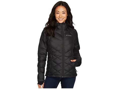 Columbia Heavenly Hooded Jacket (Black) Women's Coat. The lightweight insulation of the Heavenly Hooded Jacket wears like a dream for easy style through chilly days. Active Fit is a silhouette that runs close to the body while maintaining freedom of movement. Storm-Life DP II shell:  Lightweight poly shell offers water-resistant protection.  Engineered quilting provides a contoured fit. Omni-Heat reflective lining:  Metalli #Columbia #Apparel #Top #Coat #Black Womens Black Coat, Easy Style, Puffy Jacket, Coat Black, Womens Size Chart, Women's Coat, Free Clothes, Black Coat, A Dream