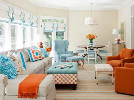 Burnt Orange and Turquoise Accent Colors Room - Trendir Turquoise Living Room Decor, Living Room Turquoise, Teal Living Rooms, French Country Living Room, Living Room Orange, Bright Living Room, Dekorasi Kamar Tidur, Colourful Living Room, Country Living Room