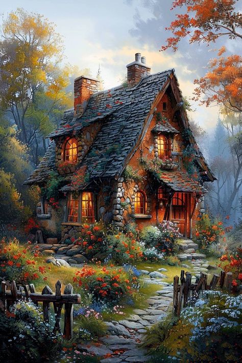 Cottage Scenery Painting, Fantasy Cottage Art, Cottage Scenery, Fantasy Cabin, Fairytale Houses, Fantasy Cottage, Scenery Painting, Creepy Houses, Cottage Painting