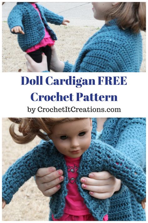 Doll Cardigan Crochet Pattern - Crochet It Creations Cardigan Pattern Free, Crochet Doll Clothes Free Pattern, Crochet Doll Clothes Patterns, American Girl Crochet, Crochet Cardigan Free, Cardigan Crochet Pattern, American Girl Doll Patterns, American Girl Doll Clothes Patterns, Cardigan Crochet