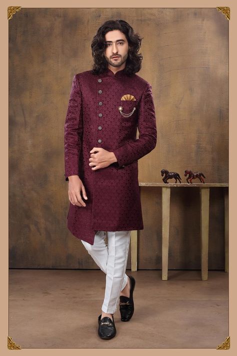 Buy Wine Color Asymmetrical Imported Fabric Indo Western Online from Bodylinestore at best price. Select wide range of men's wedding sherwani, designer Sherwani for groom, traditional sherwani, jodhpuri Sherwani, sangeet sherwani and more. #WineColorAsymmetricalImportedFabricIndoWestern #BuyWineColorAsymmetricalImportedFabricIndoWesternOnline