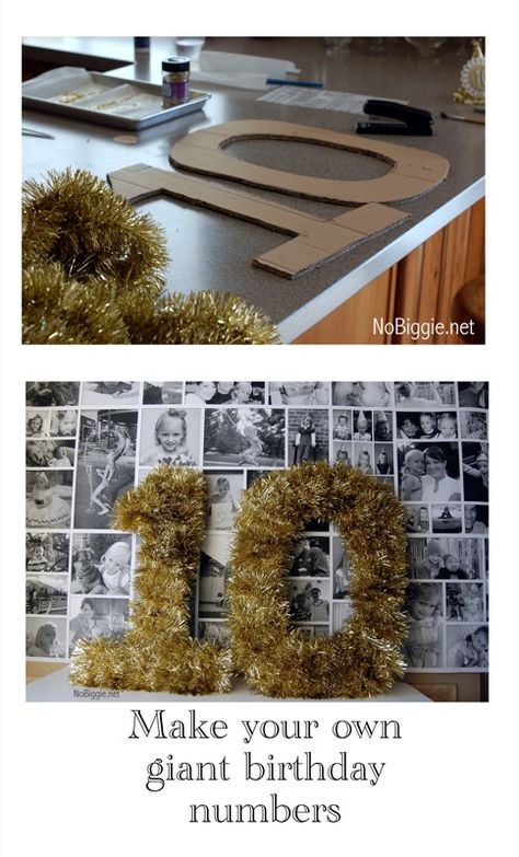 card party decorating ideas | You could also just spray paint the numbers and glitter them. That ... Diy Gold Decorations, Birthday Cardboard Ideas, Fireplace Birthday Party Decor, 30th Birthday Diy Decorations, Golden Birthday Decoration Ideas, Number Decorations, Party Tinsel, Cardboard Numbers, Giant Numbers