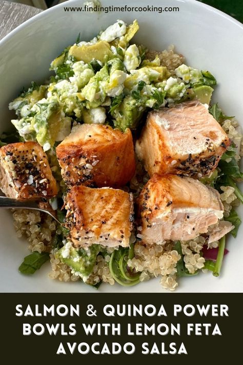 Easy Salmon & Quinoa Power Bowls with Lemon Feta Avocado Salsa | This delicious salmon power bowl with a punchy salty-citrus avocado salsa is an amazing, easy, healthy meal that's perfect for busy weeknights. It's packed with protein, nutrients, & healthy fats. I love how flexible the quantities are, & often make a pseudo-meal prep version for one person that gives me 3-4 nights of meals with minimal effort! #powerbowl #salmon #mealprep #healthydinner Quinoa Power Bowl, Herb Salmon, Salmon Quinoa, Easy Healthy Meal, Avocado Bowl, Power Bowl, Healthy High Protein Meals, Power Bowls, Weeknight Dinner Recipes Easy