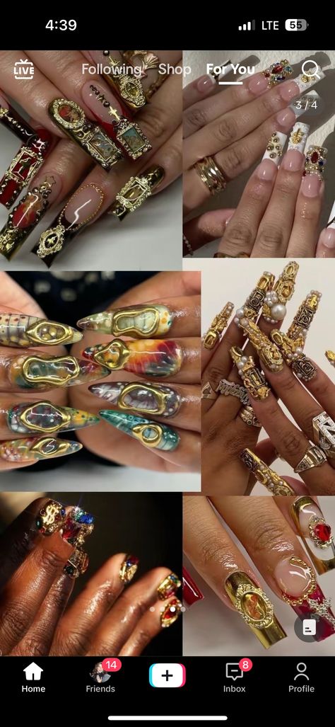 Colorful Charm Nails, Gold Maximalist Nails, Maximalism Nails, Nails Streetwear, Dubai Nails, Boho Nails, Long Acrylic Nail Designs, Girly Acrylic Nails, Cute Acrylic Nail Designs