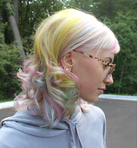 rainbow hair by choptopic on instagram Rainbow And Blonde Hair, Grown Out Dyed Hair, Rainbow Blonde Hair, Blonde And Vivid Hair Color, Blonde With Rainbow Highlights, Fun Dyed Hair, Blonde And Rainbow Hair, Blonde To Pink Hair, Pastel Dyed Hair