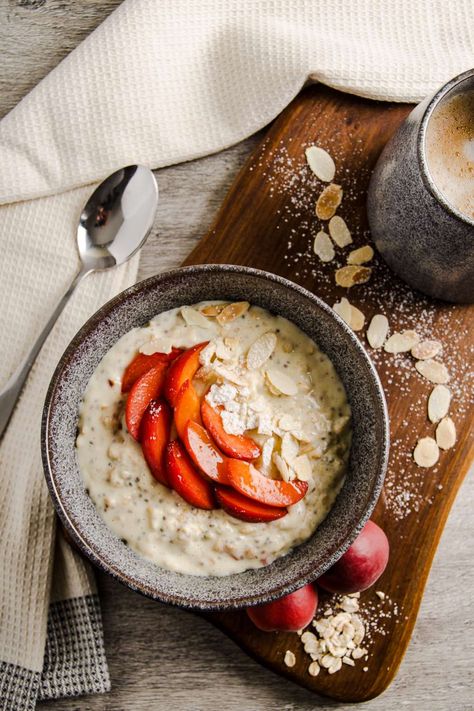 Delicious Apricot Almond Oats with added protein and a little secret on how to make them extra creamy. Healthy Breakfast Photography, Apricot Baked Oatmeal, Oats Photography Food Styling, Light Breakfast Ideas, Healthy Peach Oatmeal, Apricot Oatmeal, Oatmeal With Almond Milk, Alkaline Breakfast, Debbie Ryan