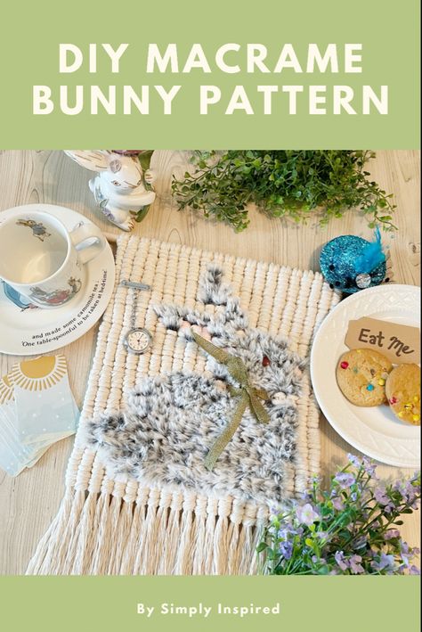 Free easy to follow macrame bunny wall hanging tutorial by Simply Inspired #macrame #macramewallhanging #macrametutorial Macrame Bunny Wall Hanging, Easter Macrame Ideas Diy, Easter Macrame Ideas, Bunny Macrame, Spring Macrame, Easter Macrame, Macrame Easter, Diy Macrame Wall Hanging Tutorials, Themed Baby Nursery