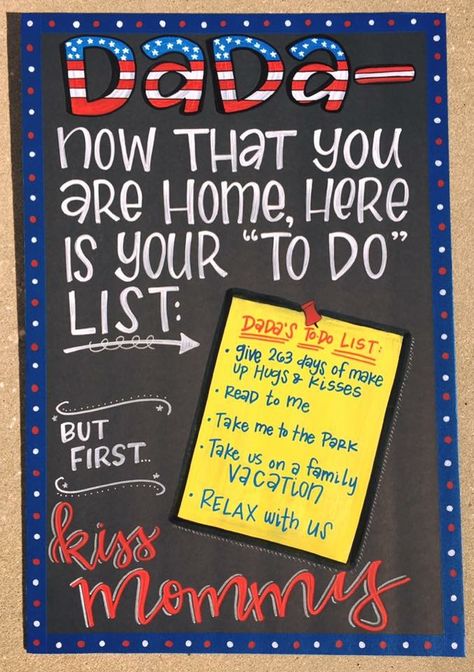 Diy Welcome Home Signs For Military, Military Homecoming Signs Funny, Deployment Activities, Welcome Home Chalkboard, Funny Welcome Home Signs, Welcome Home Signs For Military, Deployment Kids, Deployment Homecoming Signs, Military Homecoming Signs