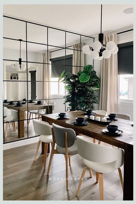 Are Mirrored Walls Out Of Style? Mirrored Wall Decor Living Room, Mirror On Wall Dining Room, Mirror Feature Wall Design, Dinning With Mirror Wall, Feature Wall Mirror Living Rooms, Dining With Mirror Wall, Modern Large Wall Mirrors, Dinning Mirror Wall Decor, Kitchen Table With Mirror On Wall