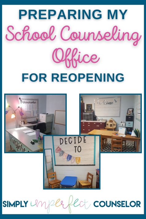 How I'm Preparing My School Counseling Office for Reopening - Simply Imperfect Counselor High School Counselors Office, School Counselor Classroom, School Counseling Office Decor, School Counselor Bulletin Boards, School Counseling Bulletin Boards, Guidance Office, School Counselor Office Decor, Middle School Counselor, Counseling Office Decor